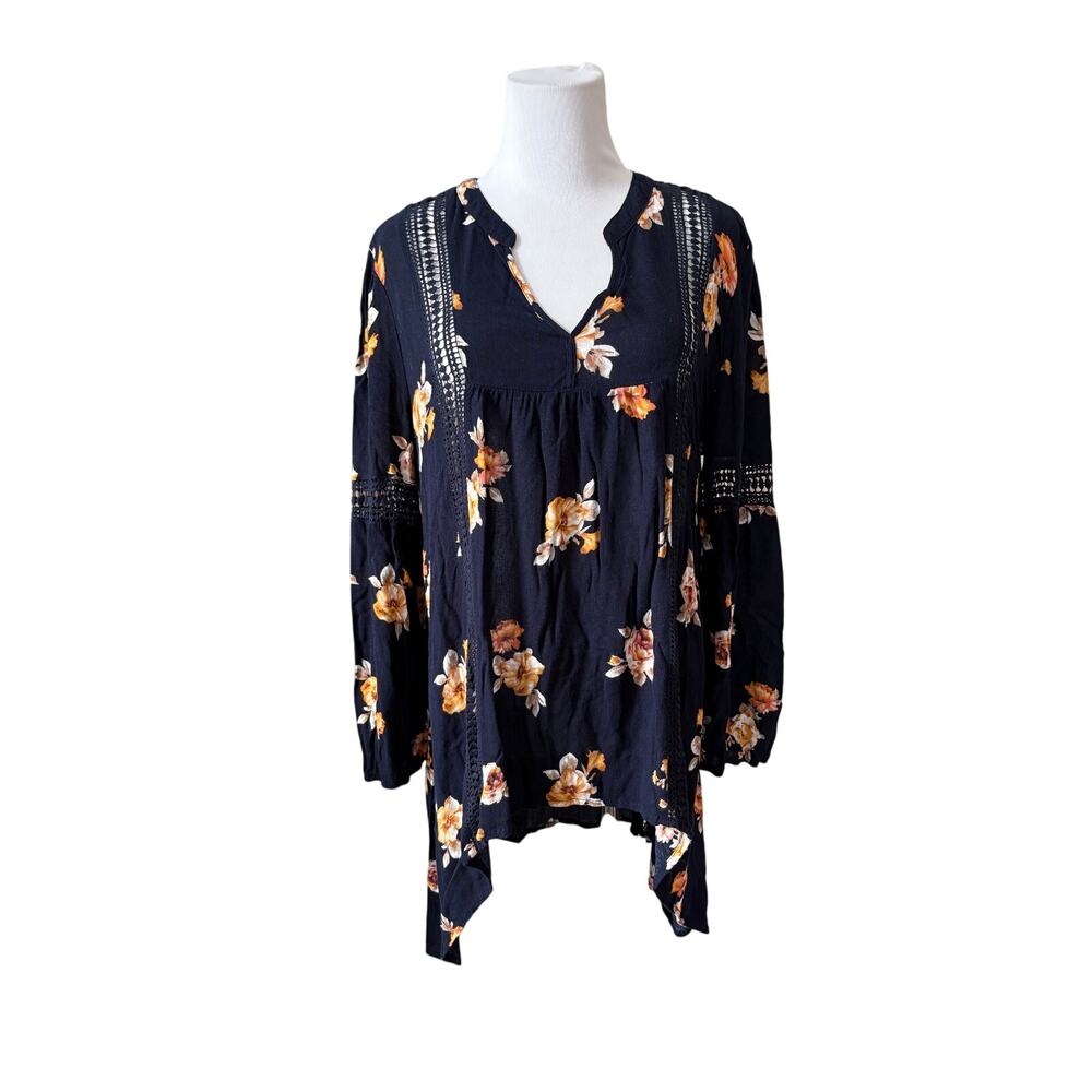 Blu Pepper Asymmetrical Boho Lace Insets Blue Floral Blouse LARGE Cottagecore